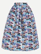 Romwe Multicolor Stamp Print Box Pleated Midi Skirt