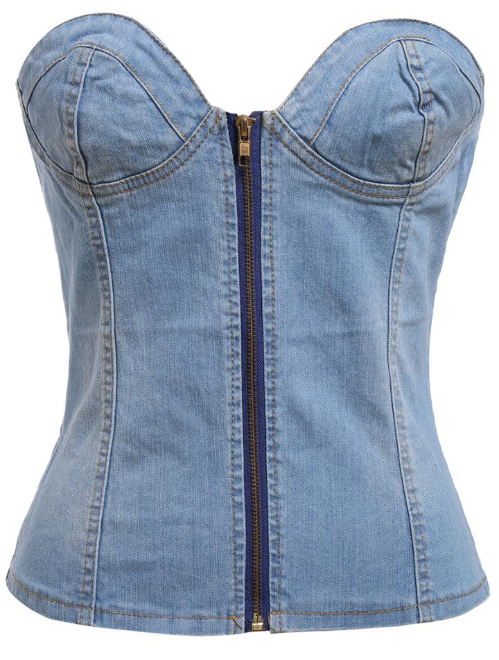 Romwe Strapless Zipper Denim Vest