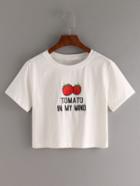 Romwe Tomato Embroidered Crop T-shirt - White