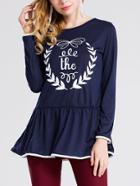 Romwe Ruffle Hem Leaves Print Blue Shirt