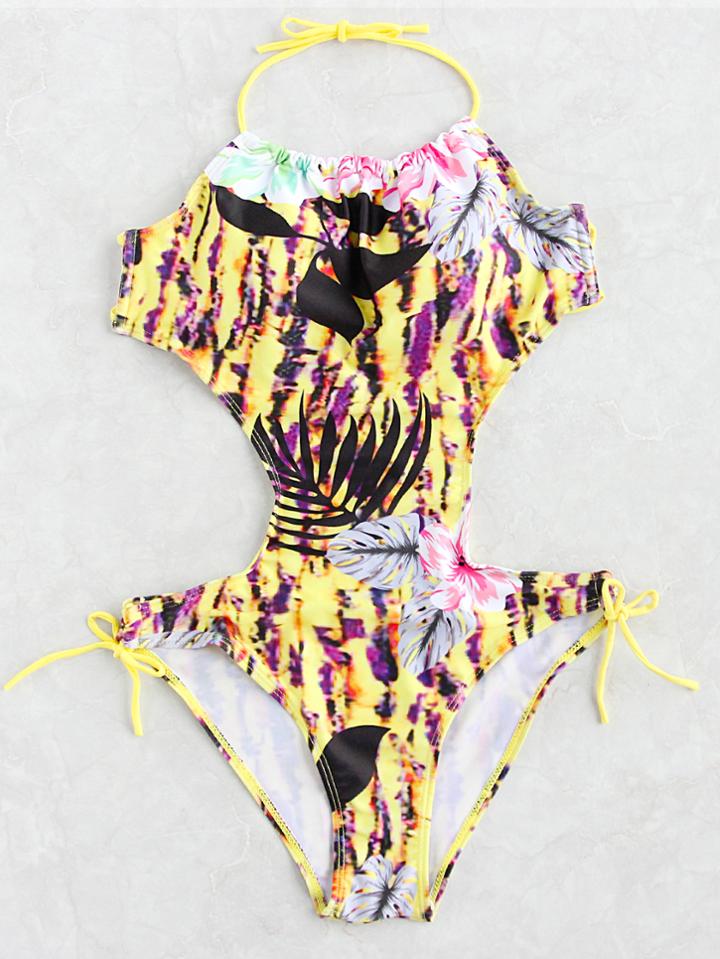 Romwe Flower Print Side Tie Halter Monokini