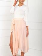 Romwe Long Sleeve Slim Top With Bow Slit Pleated Skirt