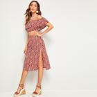 Romwe Aztec Print Off The Shoulder Top With Split Skirt