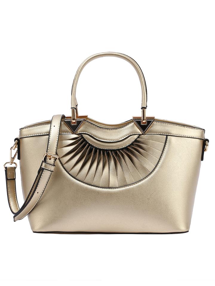 Romwe Faux Leather Pleated Handbag With Strap - Gold