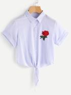 Romwe Rose Embroidered Pinstripe Knot Front Cuffed Shirt