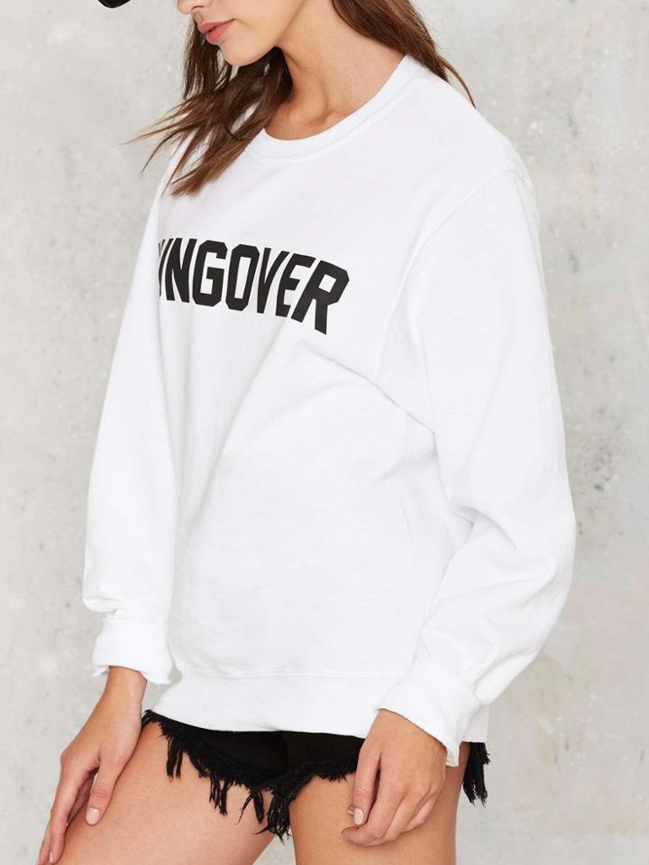 Romwe White Round Neck Letter Print Sweatshirt