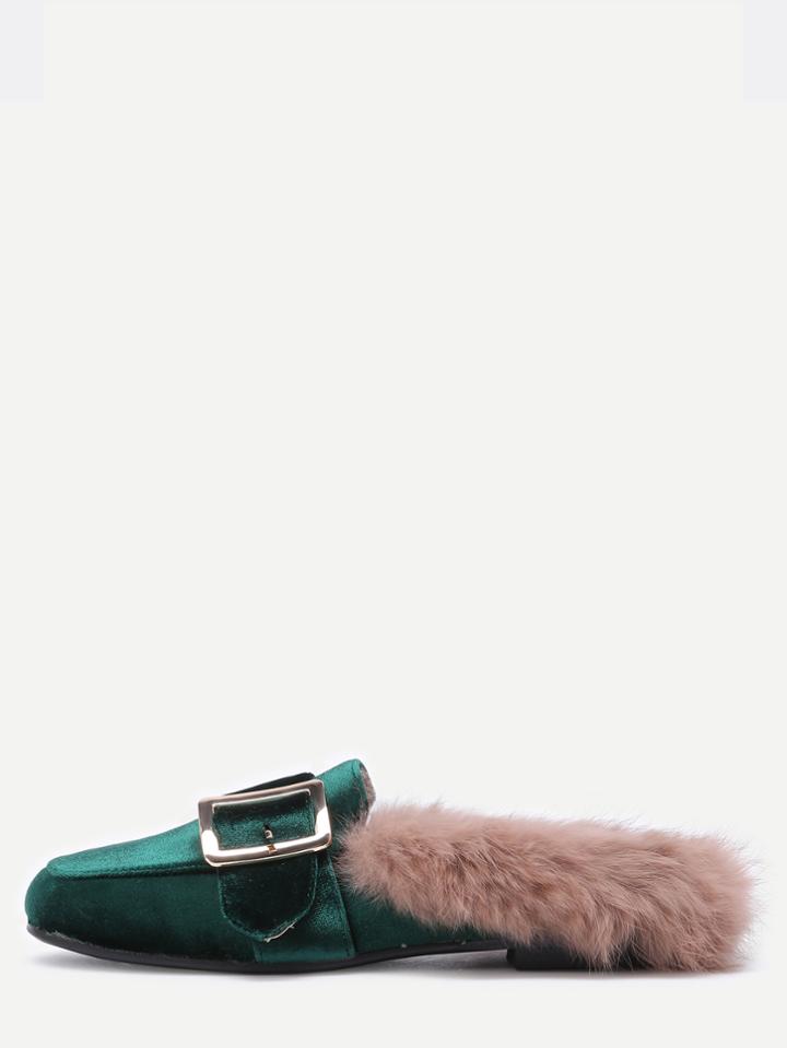 Romwe Green Velvet Buckled Faux Fur Embellished Flats