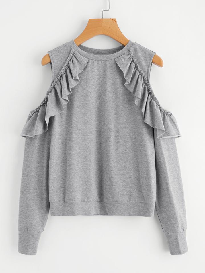 Romwe Frilled Open Shoulder Heather Knit Sweatshirt