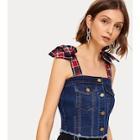 Romwe Button Front Raw Hem Denim Straps Top