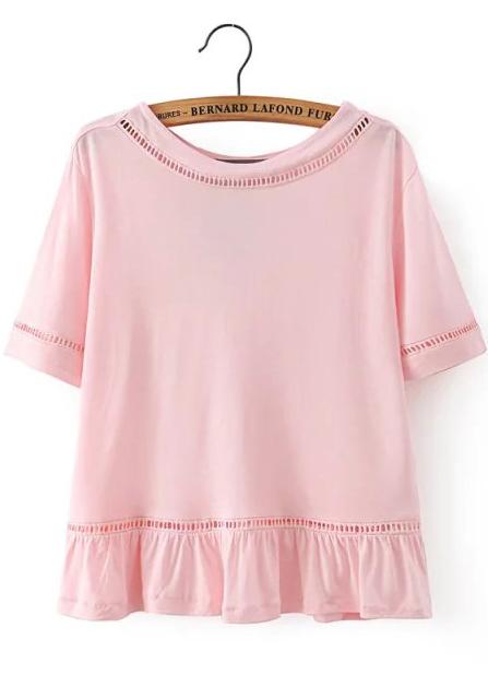 Romwe Peplum Hem Hollow Pink T-shirt