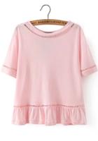 Romwe Peplum Hem Hollow Pink T-shirt