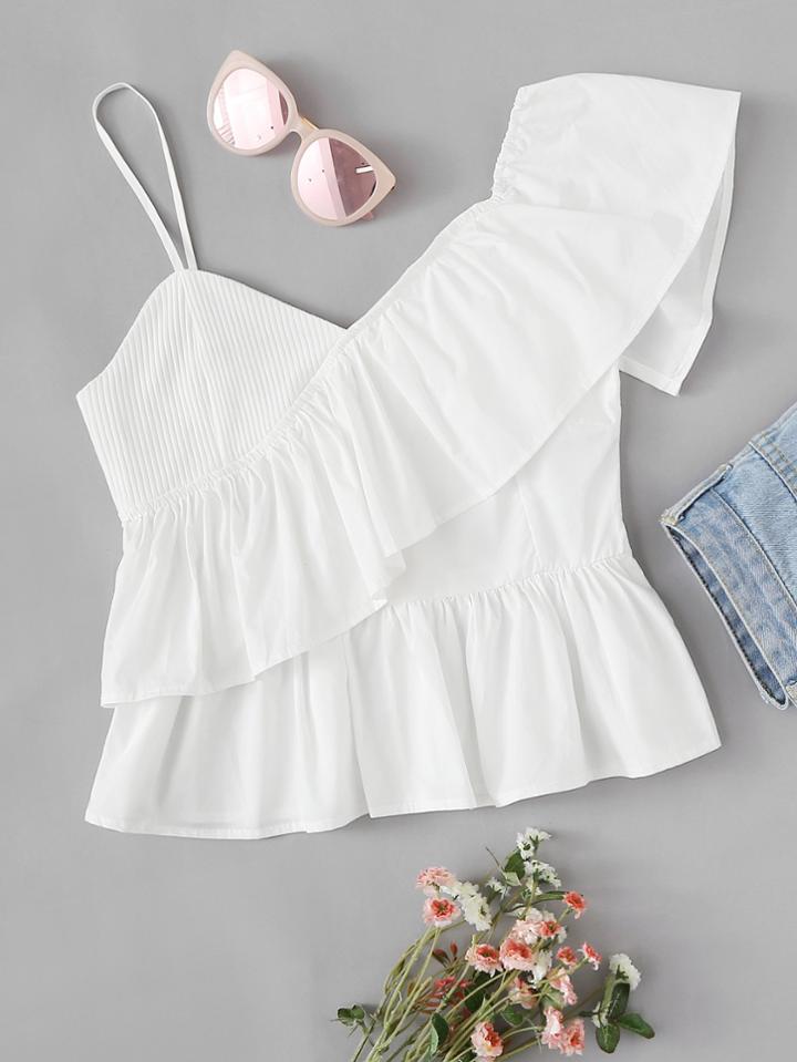 Romwe Ruffle Trim Asymmetrical Shoulder Top