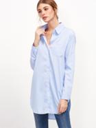 Romwe Blue Vertical Striped Pocket High Low Blouse