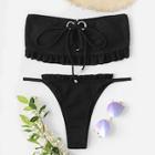 Romwe Plain Frill Bandeau With High Leg Bikini Set