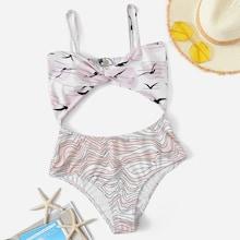 Romwe Random Seagull Print Twist Cut-out One Piece Swim