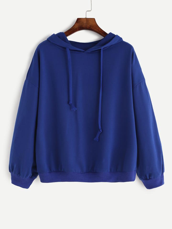 Romwe Royal Blue Drop Shoulder Drawstring Hooded Sweatshirt
