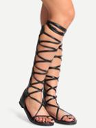 Romwe Black Peep Toe Zipper Back Lace-up Sandals