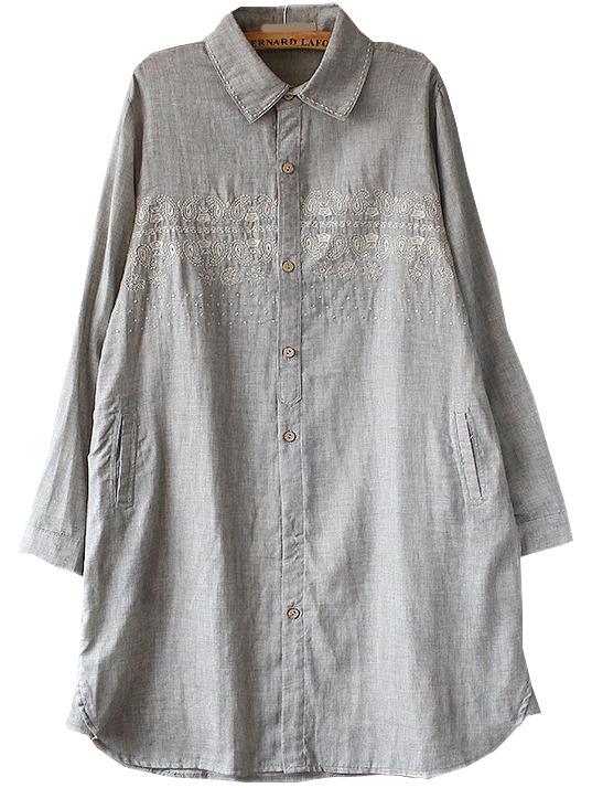 Romwe Grey Embroidered Pocket Long Shirt