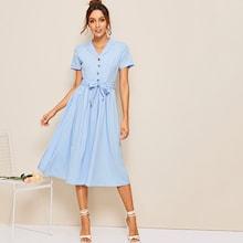 Romwe Half Button Belted Notched Dress