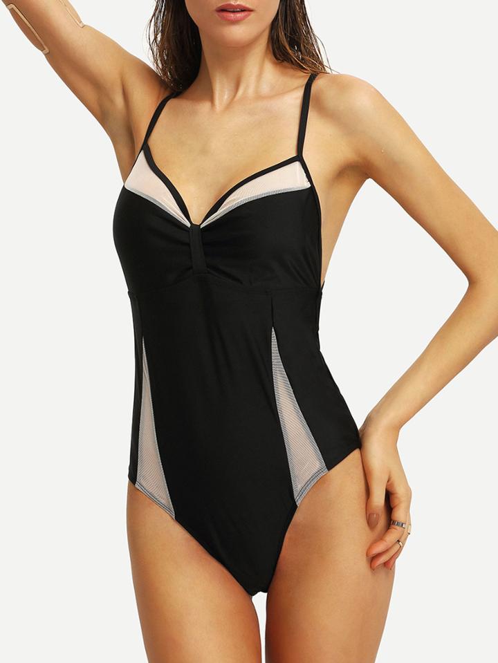 Romwe Mesh Insert Crisscross One-piece Swimwear