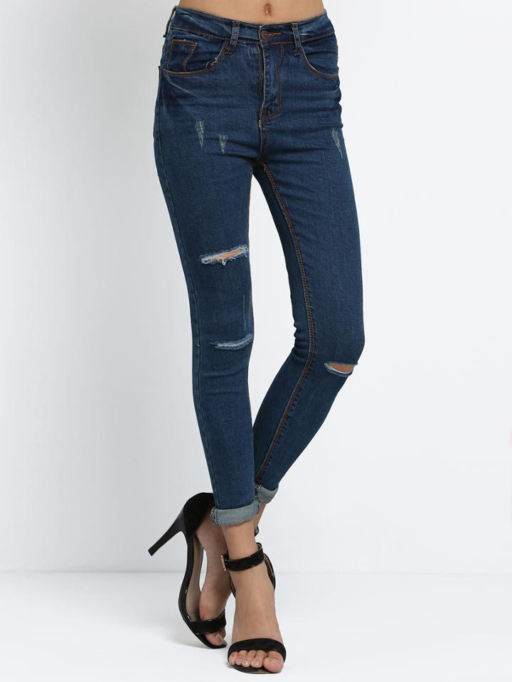 Romwe Ripped Denim Slim Blue Pant