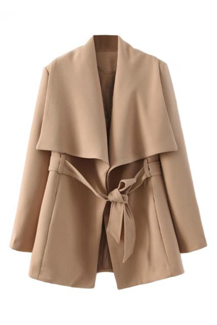 Romwe Open Front Seld-tie Khaki Coat