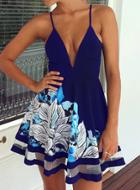 Romwe Blue Spaghetti Strap Leaves Print Ruffle Dress