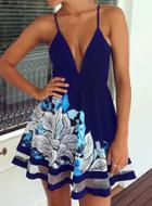 Romwe Blue Spaghetti Strap Leaves Print Ruffle Dress