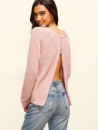 Romwe Pink Round Neck Zipper Split Back Long Sleeve Sweater