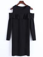 Romwe Black Open Shoulder Ruffle Bodycon Sweater Dress