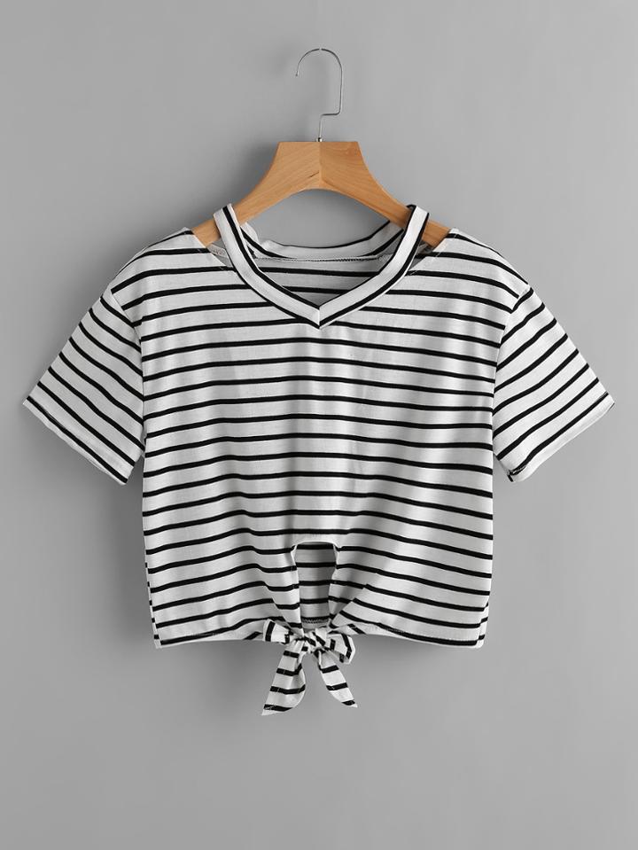 Romwe Cut Out Neck Stripe Knot Front Tee