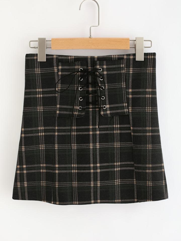 Romwe Eyelet Lace Up Plaid Skirt