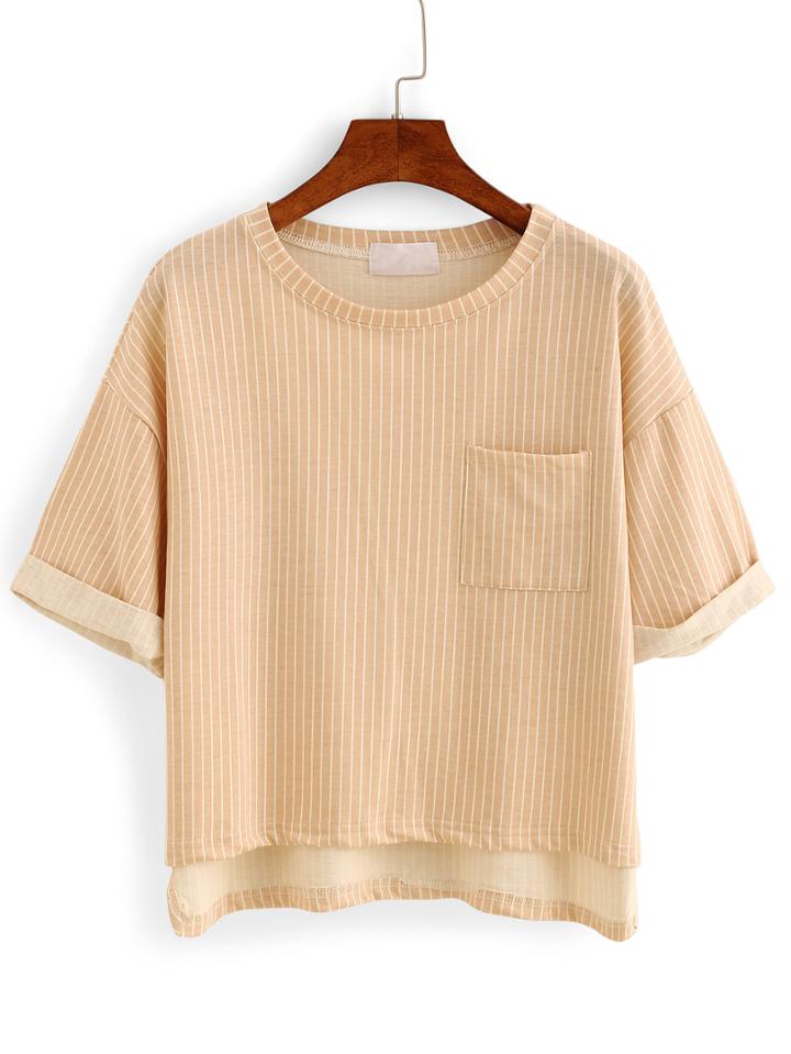 Romwe Vertical Striped High-low Pocket T-shirt - Khaki