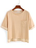 Romwe Vertical Striped High-low Pocket T-shirt - Khaki