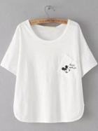 Romwe White Short Sleeve Mickey Print Pocket T-shirt