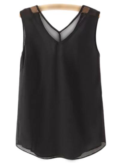 Romwe Black V Neck Mesh Splicing Tank Top
