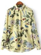 Romwe Yellow Buttons Lapel Dip Hem Florals Blouse