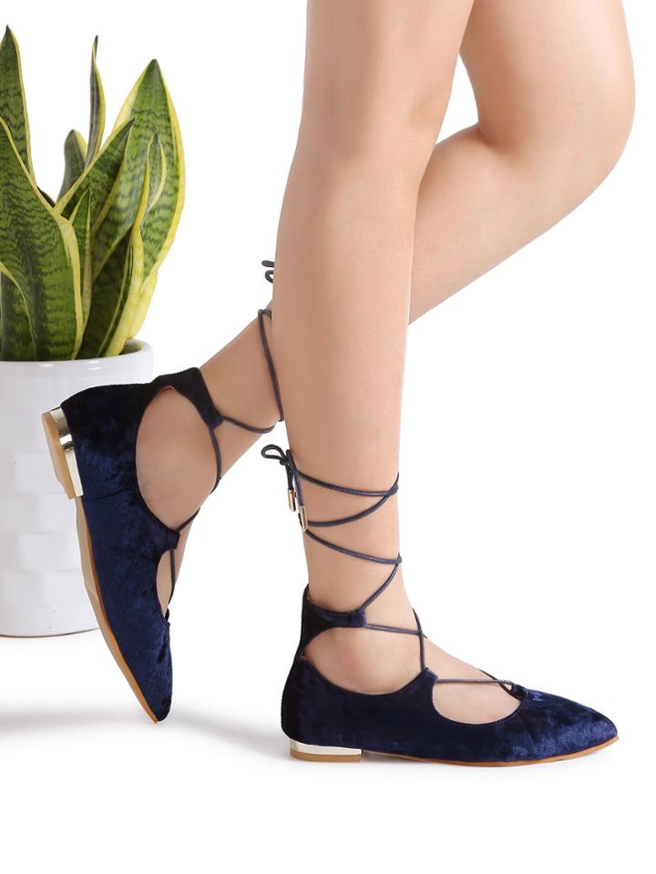 Romwe Dark Blue Pointed Toe Lace Up Flat