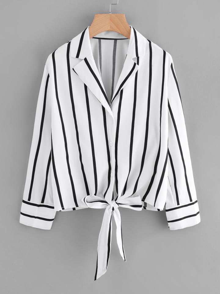 Romwe Striped Knot Front Lapel Shirt