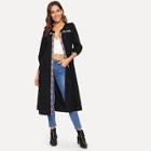 Romwe Embroidered Tape Self Belted Longline Coat