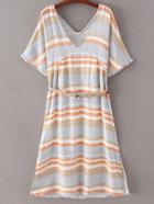 Romwe Multicolor V Neck Split Side Stripe Dress With Belt