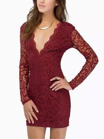 Romwe Deep V Neck Lace Zipper Sheath Burgundy Dress
