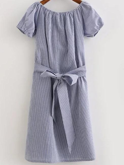 Romwe Blue Off The Shoulder  Elastic Cuff Stripe Bow Tie Dress