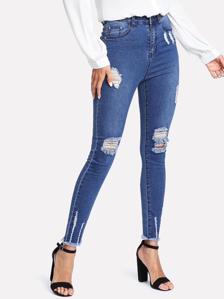 Romwe Raw Hem Ripped Denim Jeans