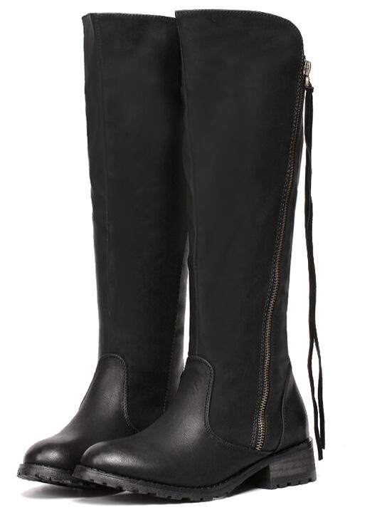 Romwe Black Zipper Fringe Tall Boots