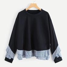 Romwe Plus Ruffle Decoration Striped Sweatshirt