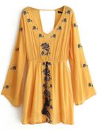 Romwe Yellow Embroidery Cut Out Back Fringe Drawstring Dress