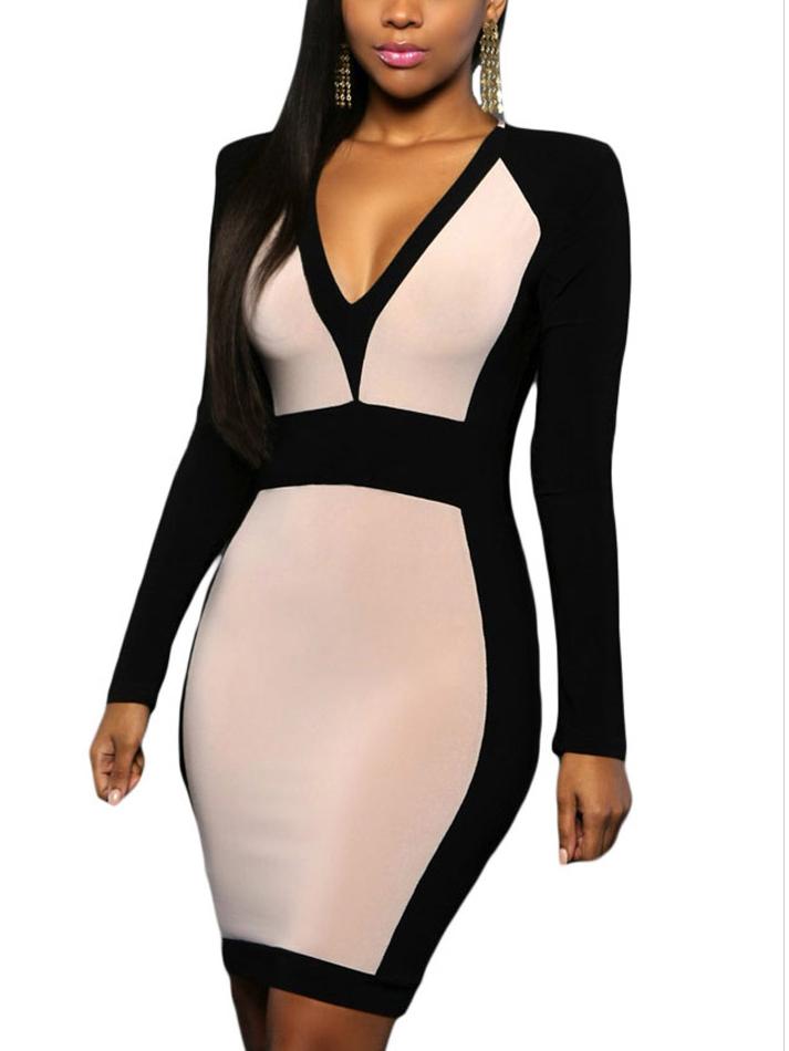 Romwe V-neck Long Sleeve Contrast Bodycon Dress