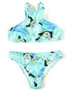 Romwe Blue Graphic Print Bikini Set