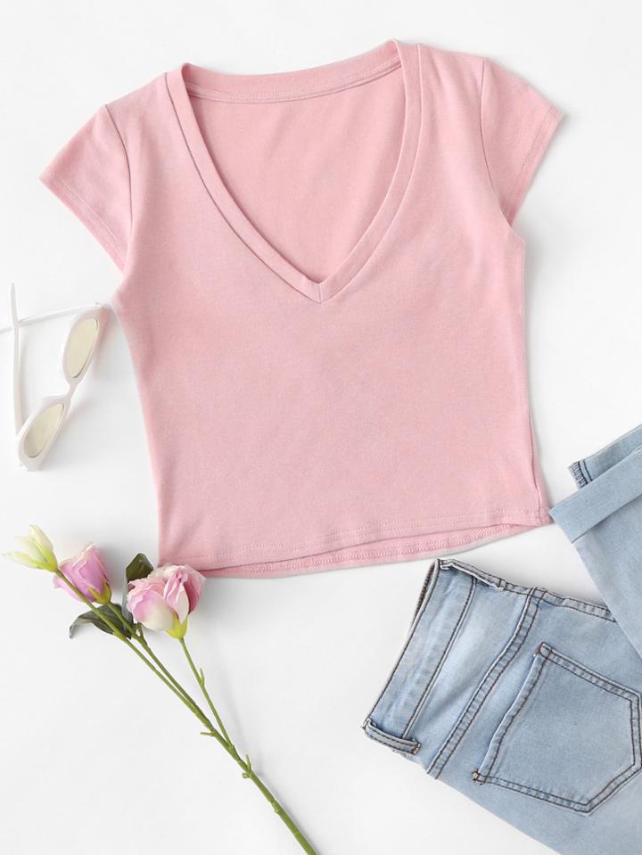Romwe Cap Sleeve Crop T-shirt